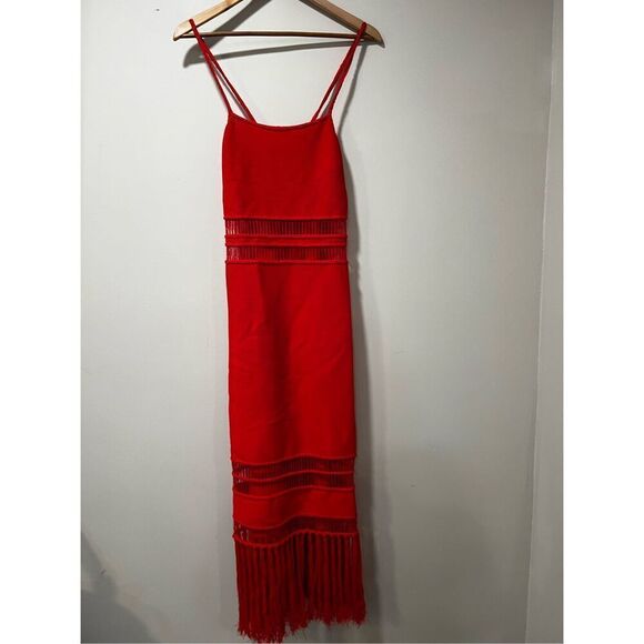 Cult Gaia Women's Red Kiki Knit Sleeveless Fringe Hem Midi Dress Size Large NWOT - Picture 6 of 11